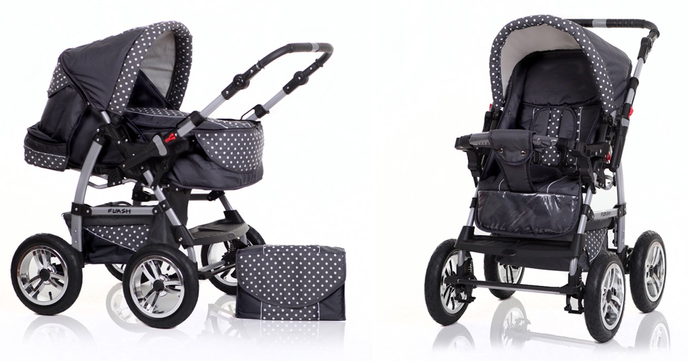 dein_babyladen 15-piece high quality pushchair set 3 in 1 \"FLASH\": pram + buggy + car seat - all included package - in 38 great colours