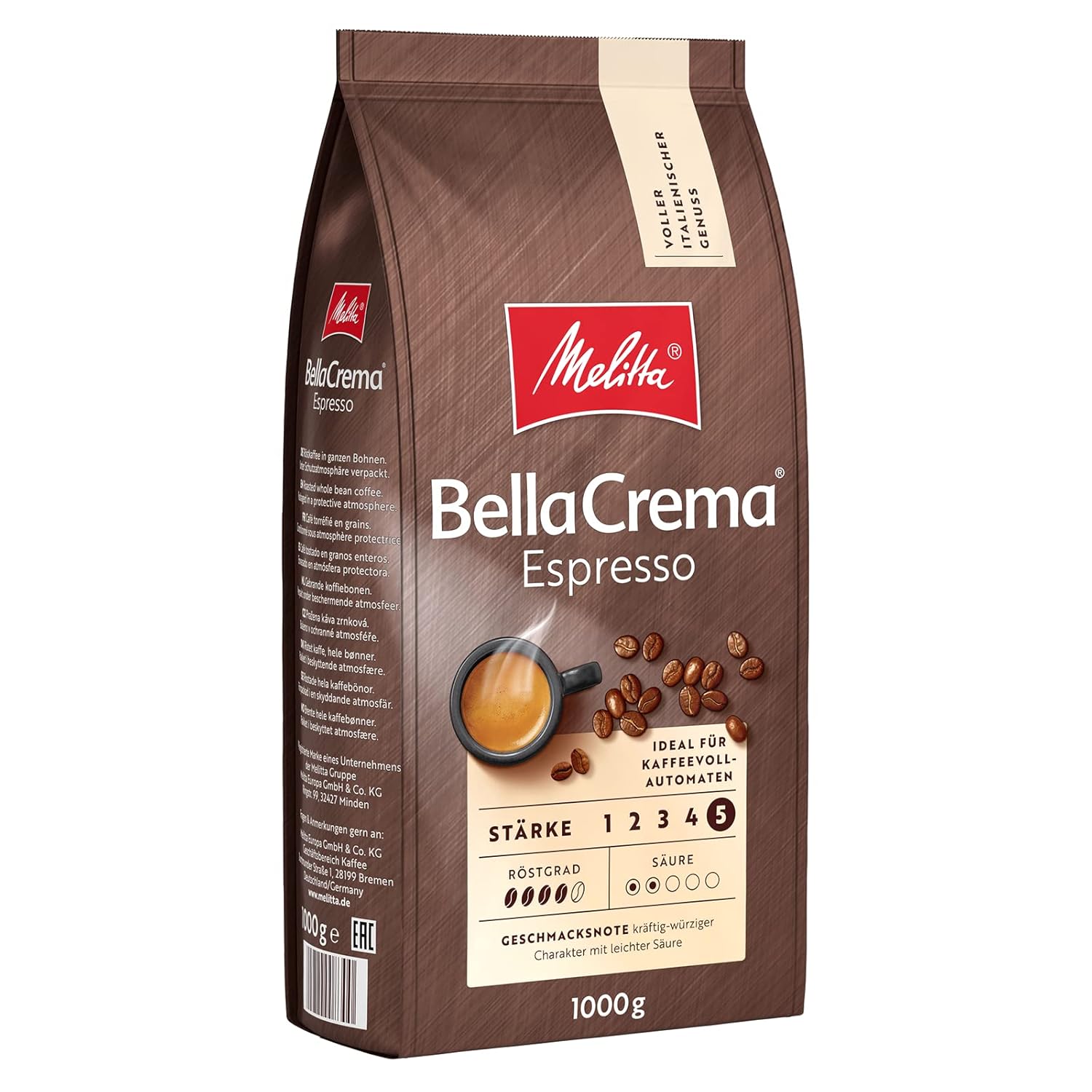 Melitta BellaCrema Espresso Whole Coffee Beans 1 kg, Unground, Coffee Beans for Fully Automatic Coffee, Strong Roasting, Roasted in Germany, Strength 5