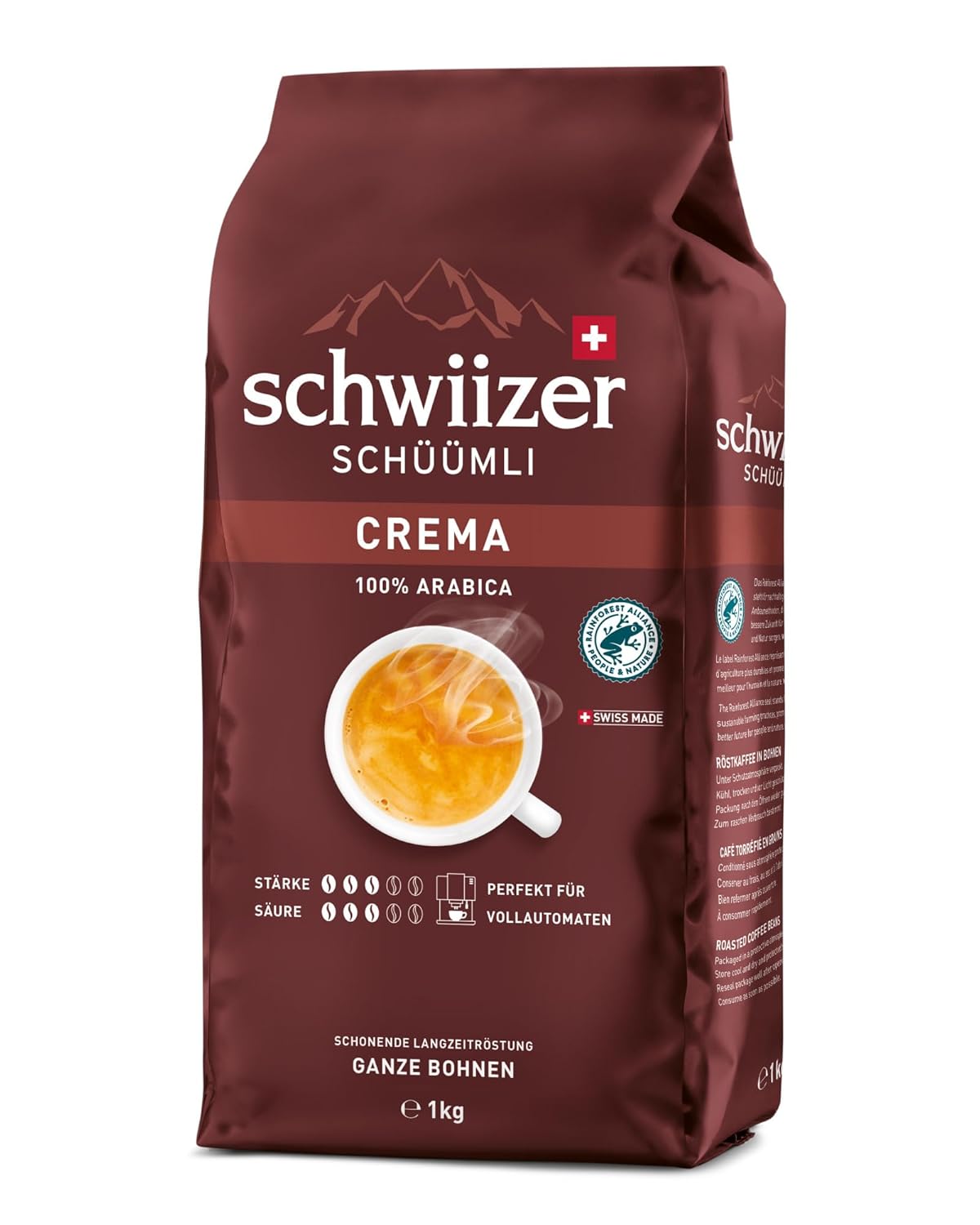 Schwiizer Schüümli Crema, 100% Arabica Coffee Beans, Aromatic, Full-bodied, Ideal for Fully Automatic Machines, Thickness 3/5, Medium Roast, Rainforest Alliance, 1 kg