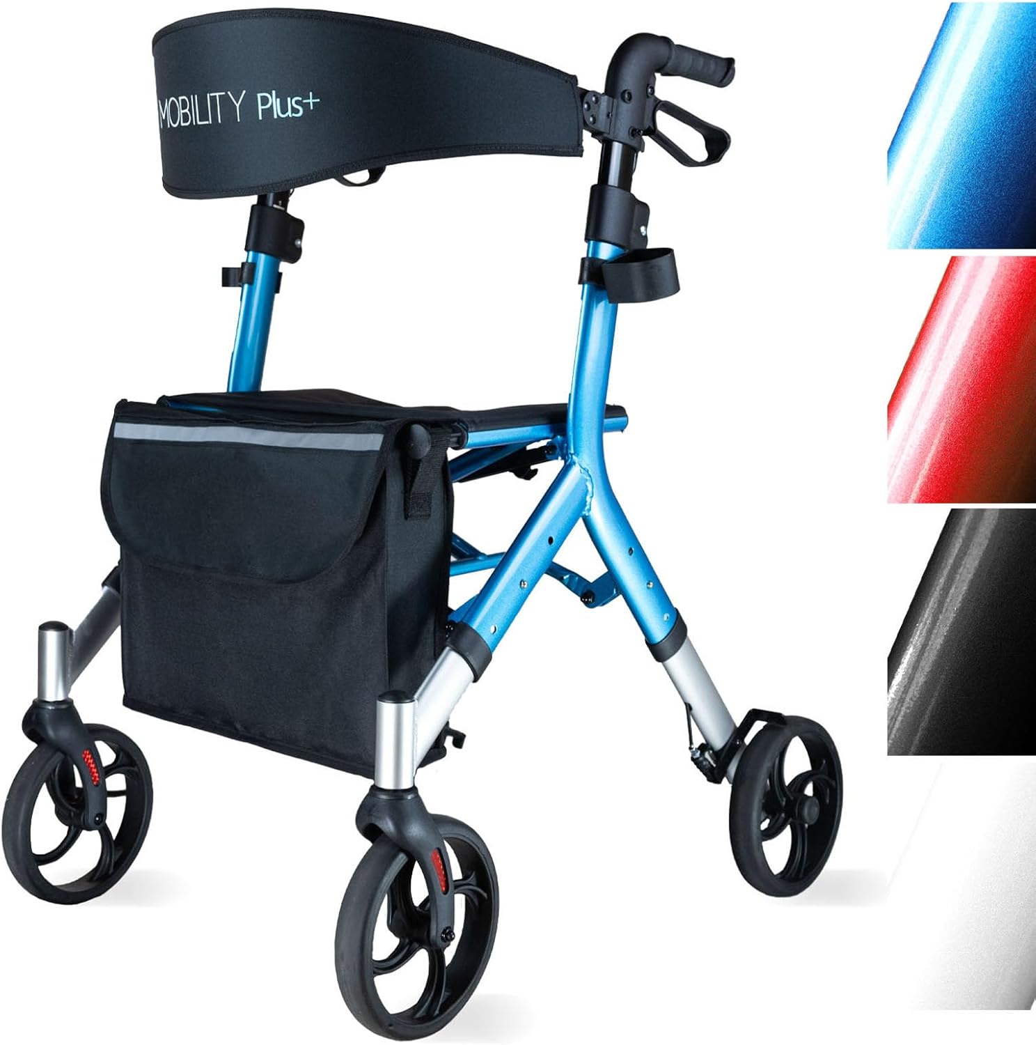 Mobility Plus+ Design Rollator DR10+ Blue - Indoor & Outdoor Narrow & Foldable - Height-Adjustable Walking Aid for Seniors with Back Strap & Bag - Internal Brake Cables without Disturbing Cables