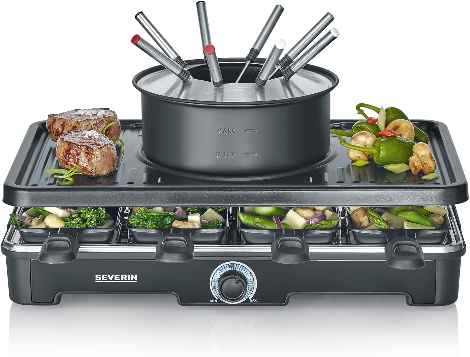 SEVERIN Raclette Fondue Combination for 8 People, 2-in-1 Raclette Grill with Grill Plate & Fondue Set, Non-Stick Coating, Includes 8 Pans, Scrapers & Fondue Forks, Dishwasher Safe, RG2347