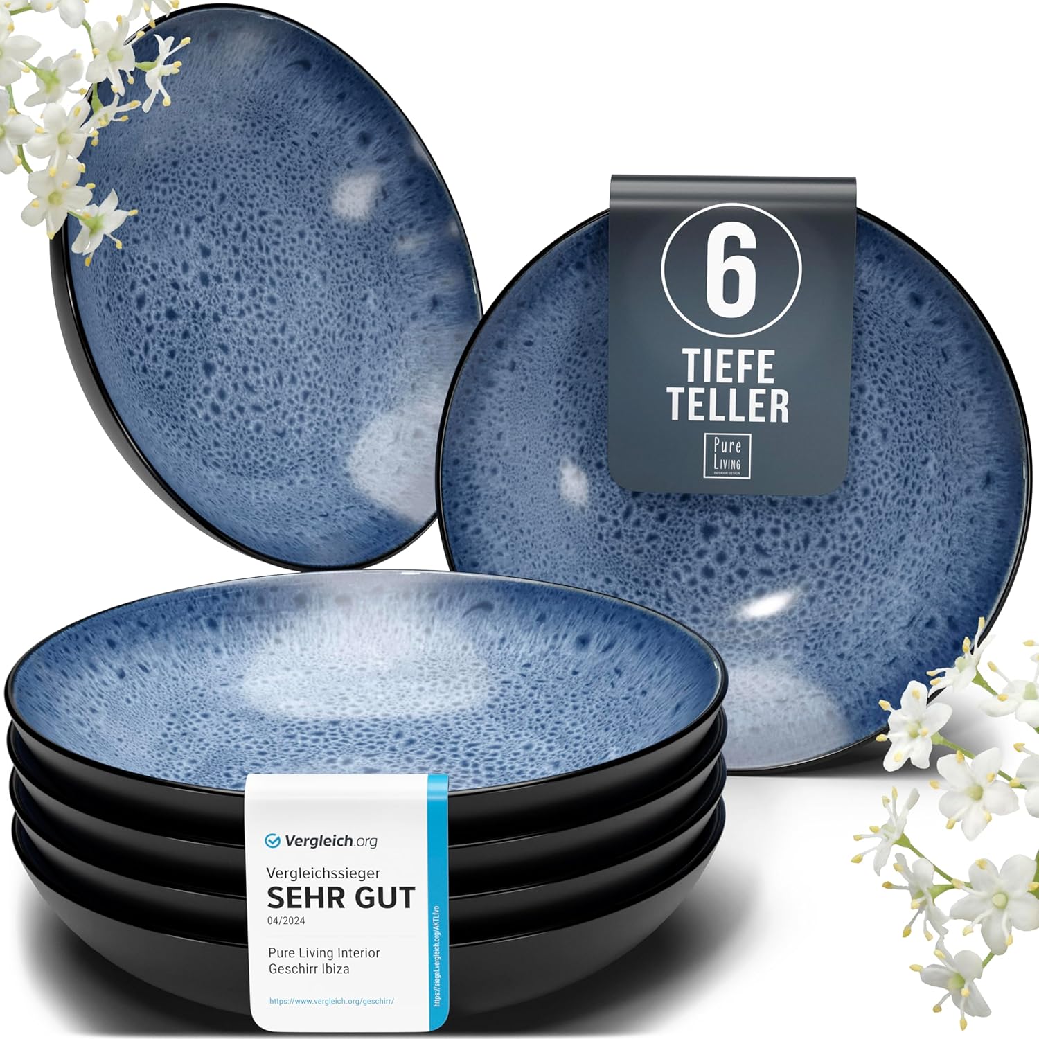 Pure Living Ibiza Stoneware Soup Plates for 6 People, Mediterranean Deep Plate Set, ‘Very Good’ in Test, Scratch-Resistant, Dishwasher and Microwave-Safe, Deep Large Pasta Plate, Deep Blue