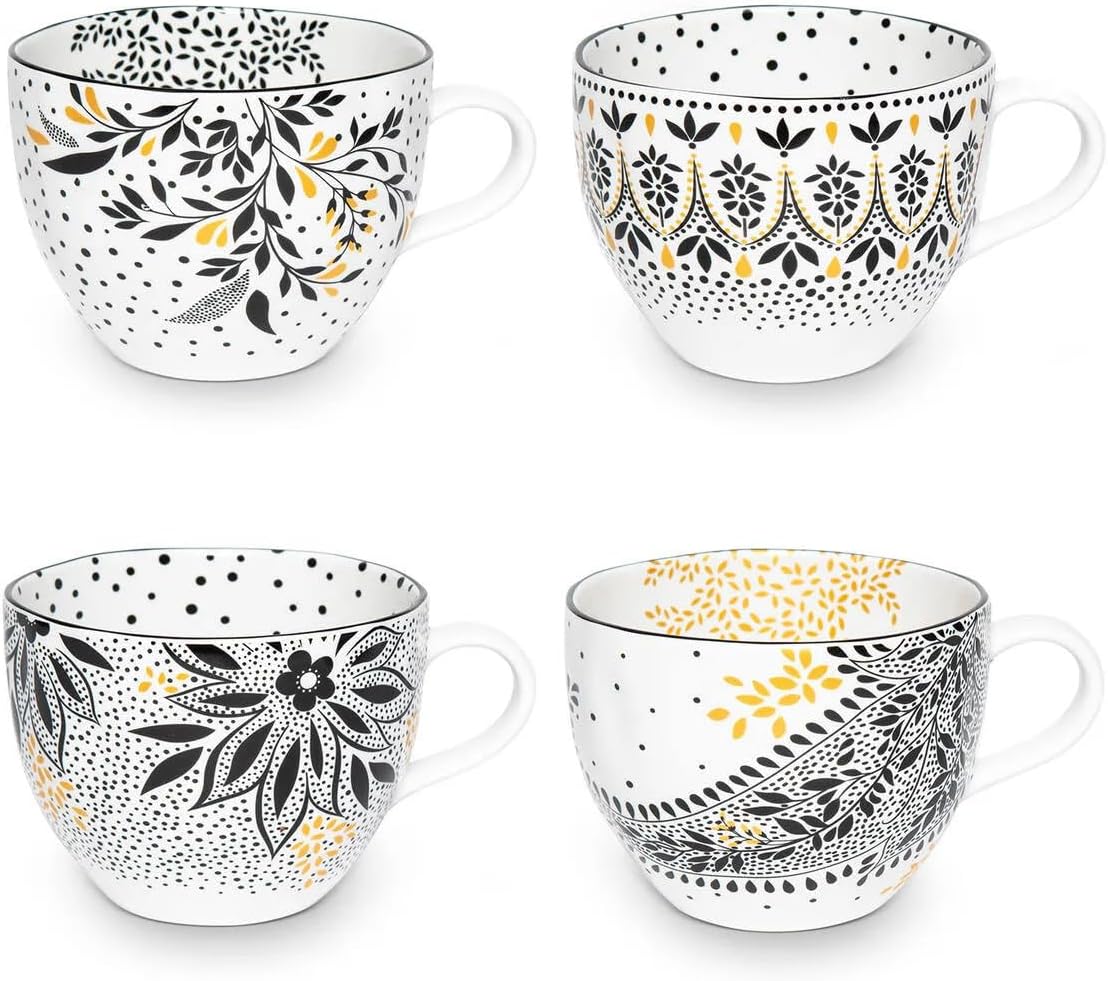 Portmeirion Home & Gifts Sara Miller London Artisanne Noir Mug Set, 0.4 Liter Assorted Designs, Set of 4