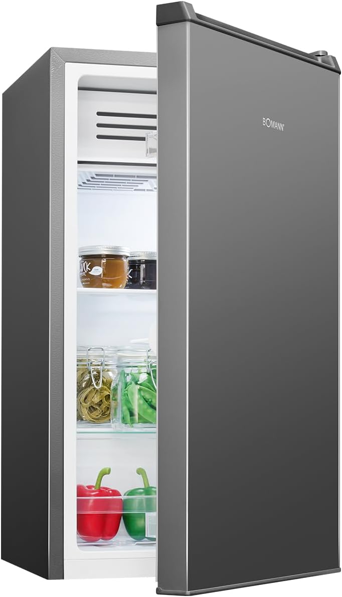 Bomann KS 7257 inox Fridge with Freeze Compartment, 83 Liters, Energy Efficient, Quiet and Compact, 0 °C - 8 °C, Infinitely Adjustable, 2 Shelves and Vegetable Compartment, LED Lighting, Door Hinge