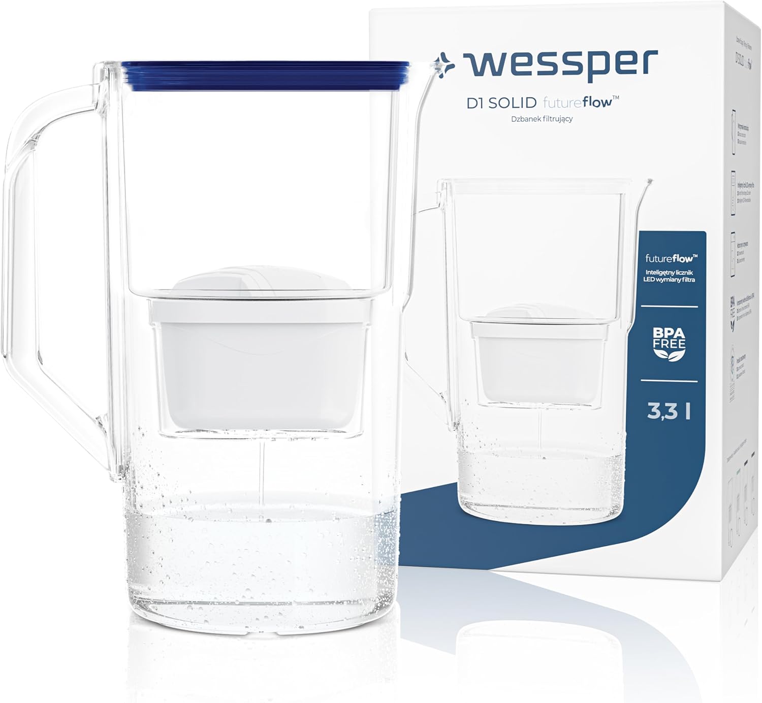 Wessper Water Filter Jug 2.8 Liters with LED Counter, Water Carafe with Filter, Activated Carbon Cartridge Water Filter Reduces Limescale and Chlorine, BPA-Free Water Filter Jug - Blue