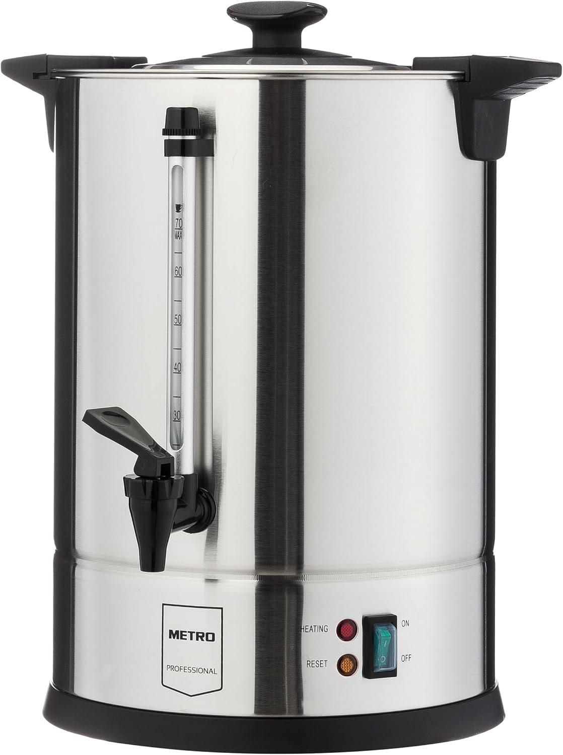 Metro professional coffee machine GCM4011, 10.5 liters, 70 cups, 1650 W volume brewer with round filter, keep warm function, overheating protection, cool outer wall, lid handle.