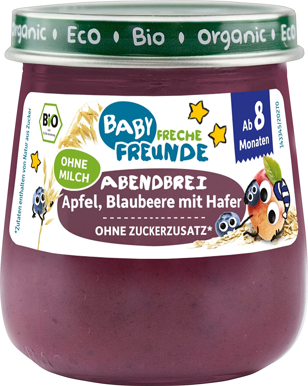BABY FRECHE FREUNDE Bio Gläschen Abendbrei Apfel, Blaubeere mit Hafer, für Babys ab 8 Monaten, ohne Zucker- und Salzzusatz, vegan, 6er Pack (6x120g)