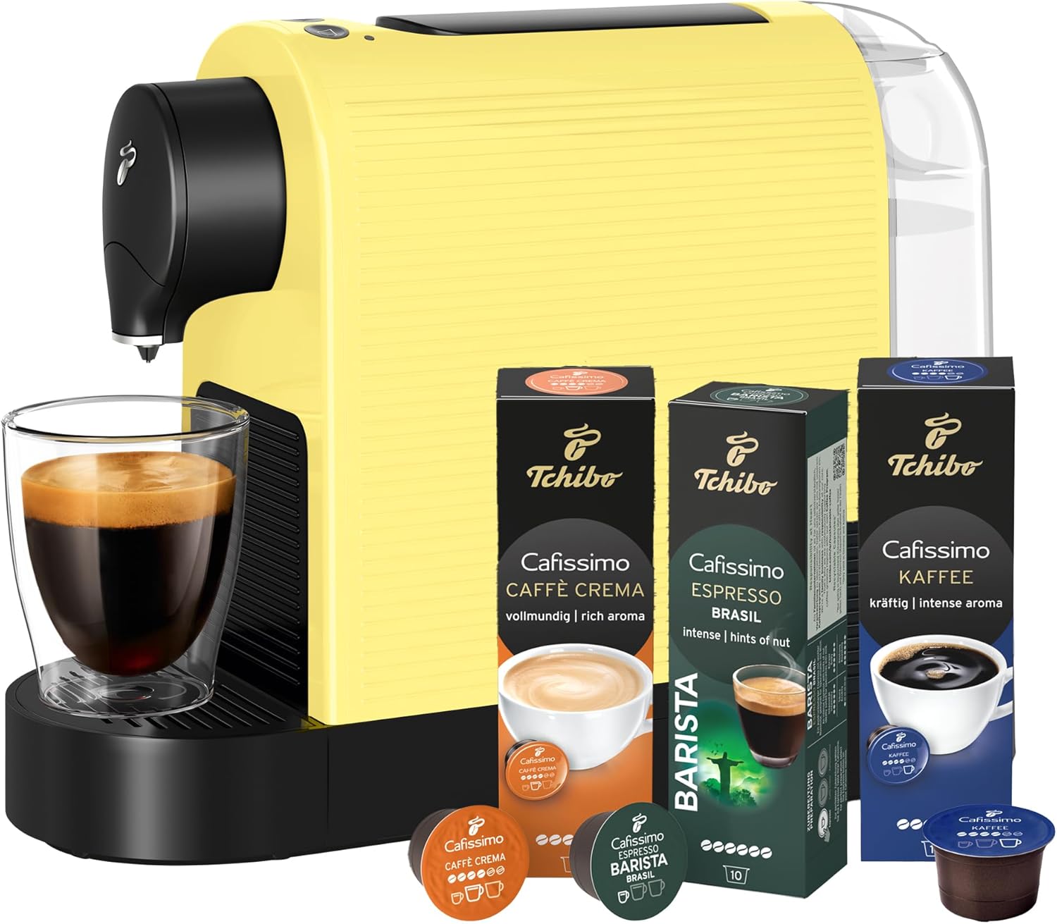 Tchibo Cafissimo Pure Plus Coffee Machine Capsule Machine Including 30 Capsules for Caffè Crema, Espresso and Coffee 0.8 L 1250 Watt 11.9 x 33.7 x 24 cm Limited Edition Lemon Splash