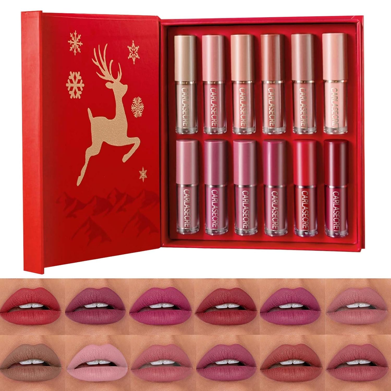 EONFAVE Christmas Edition Matte Lipstick Set, 12 Colours Lipstick Set, Liquid Lip Gloss Make Up Set, Lipstick 24 Hours Hold, Waterproof, Christmas Makeup Gift Set for Girls