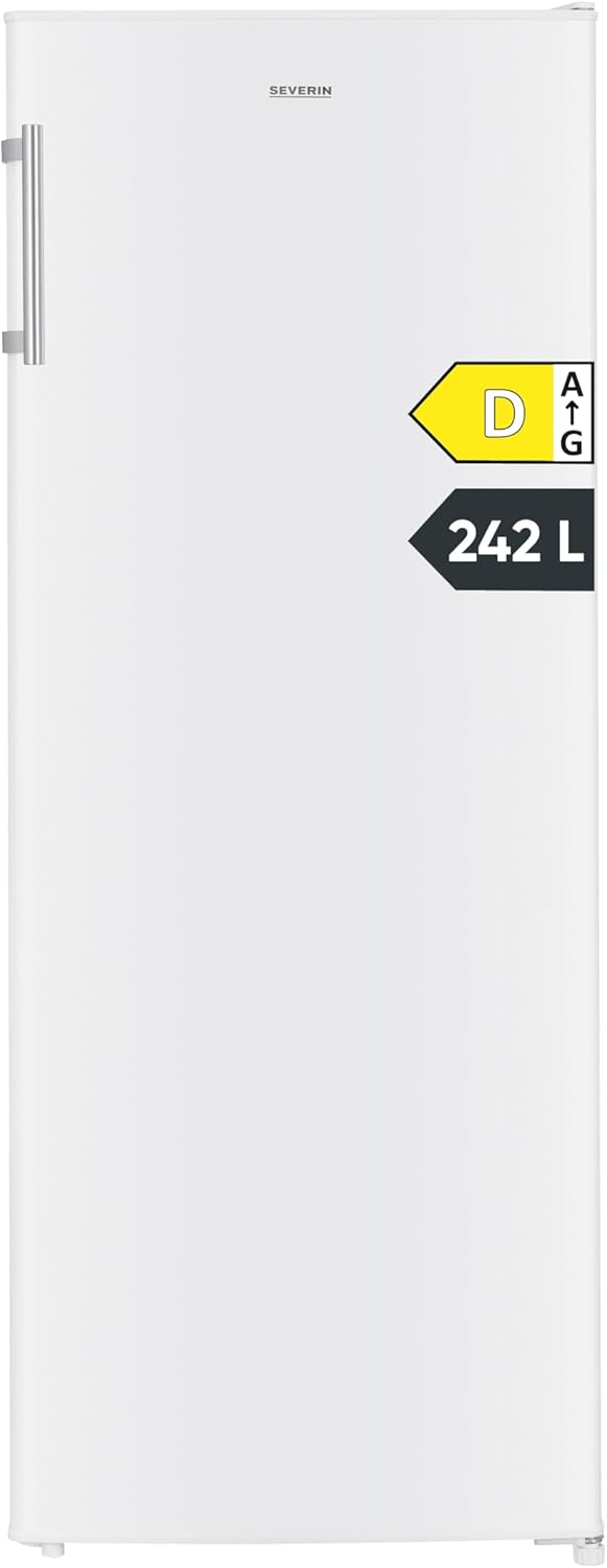 SEVERIN VKS 8817 Full-Room Refrigerator, 242 L, Energy Efficiency Class D, Vegetable Compartment, Height 143 cm, Adjustable Shelves, LED Interior Lighting, Door Hinge, Changeable, 83 kWh, White/Metal