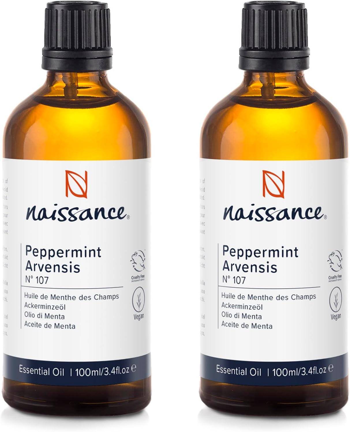 Naissance Mint Oil (No. 107), 200 ml (2 x 100 ml), Mentha Arvensis, 100% Pure Field Mint Essential Oil, Mint Oil for Natural Cosmetics, Aromatherapy, Oil Burners, Fragrance Oil for Aroma Diffusers