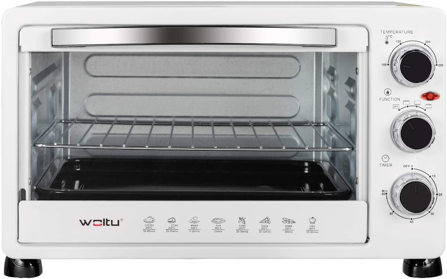 WOLTU BF11rsz Mini Oven 25 Litres, 1500 Watt Toaster Oven, Pizza Oven, Crumb Tray with Timer, Mini Oven for Pizza, Toast, Turkey, Hot Dogs, Red + Black