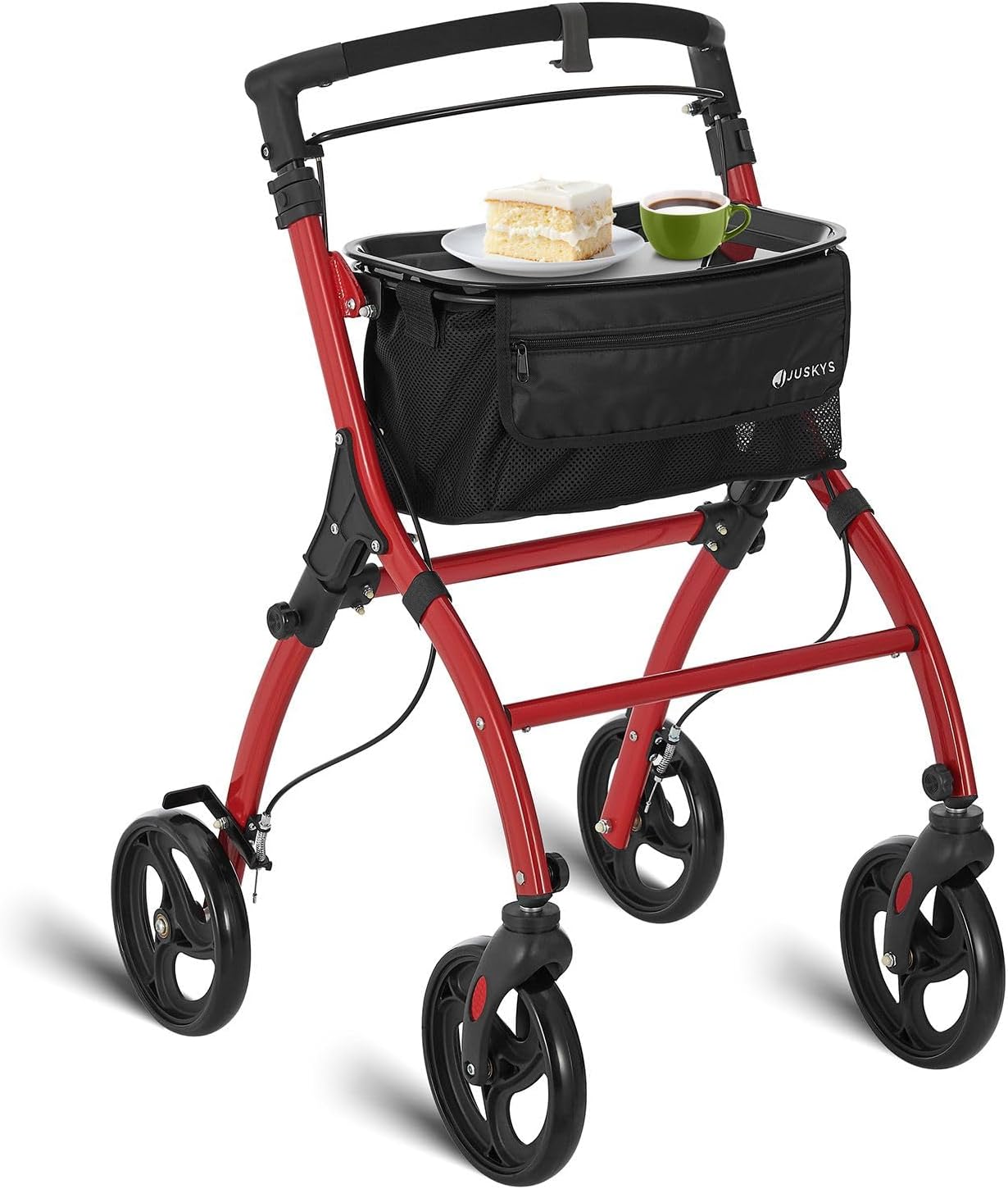 Juskys Aluminum Living Rollator Active with Transport Bag and Tray - Indoor Rollator Slim, Lightweight & Foldable - Walking Aid for Seniors - Red