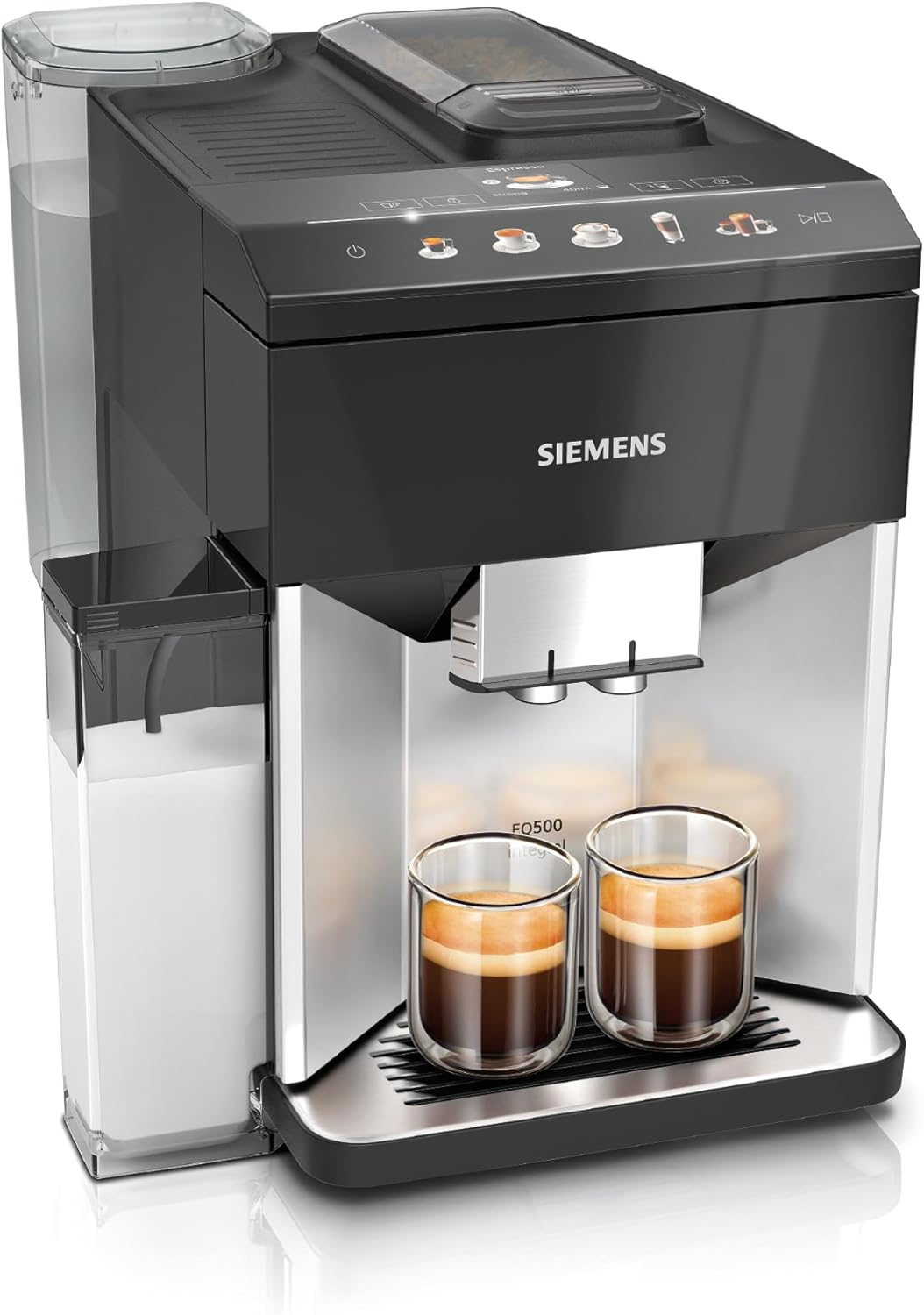 Siemens Fully Automatic Coffee Machine EQ500 Integral, Coloured TFT Display, 9 Coffee and Milk Drinks, Double Cup Function, Easy Cleaning, Removable Brewing Unit, Silver Black, TQ513D01