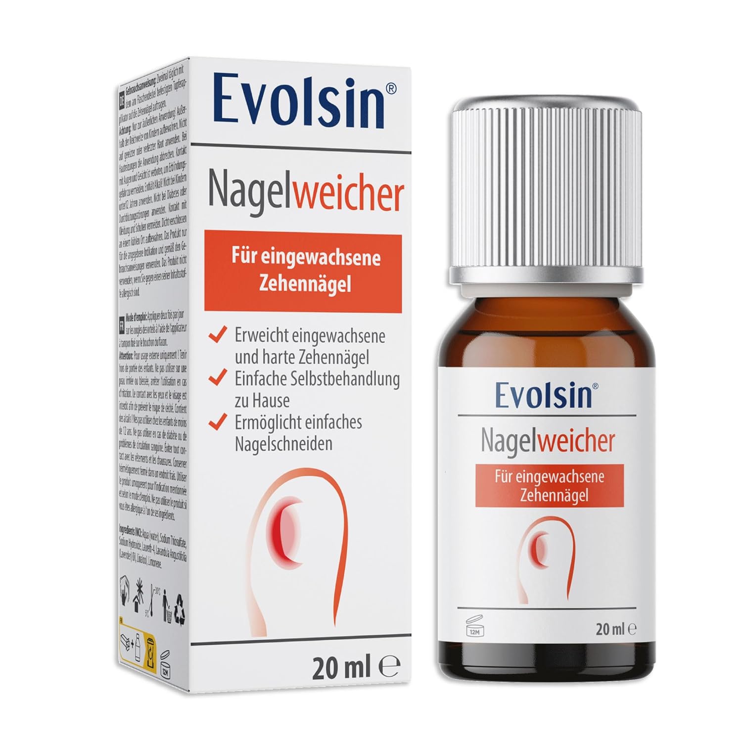 Evolsin Nail Softer, Gentle & Effective Solution for Ingrown Toenails, Alkali Formula for Soft, Elastic Nails, Easy to Use with Swab Applicator