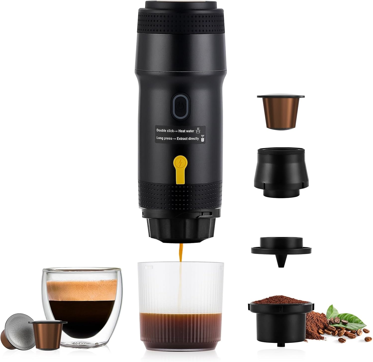 obecilc Portable Espresso Machine, 20 Bar Mini Travel Coffee Maker with USB, 3 in 1 Camping Coffee Maker, Self Heating, Compatible with Ground Coffee and Capsules for Hiking, Office and RV