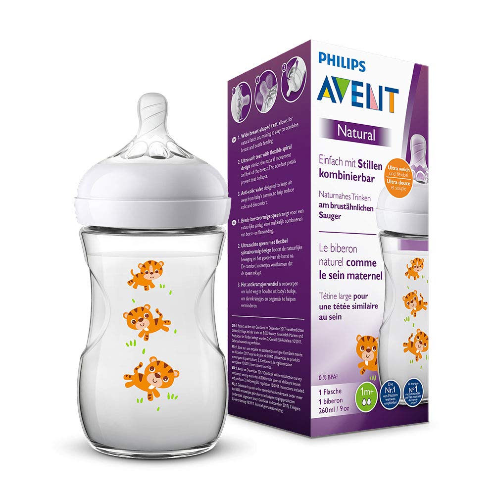 Philips Avent Natural Bottle with Natural Drinking Feel and Anti-Colic System, 260 ml, with Logo