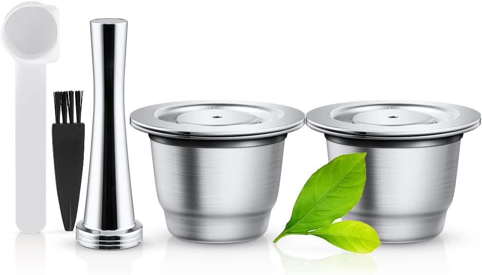 i Cafilas Nespresso Capsules Reusable Stainless Steel 2 Pack Refillable Pads for Nespresso + 1 Tamper + 1 Spoon + 1 Brush