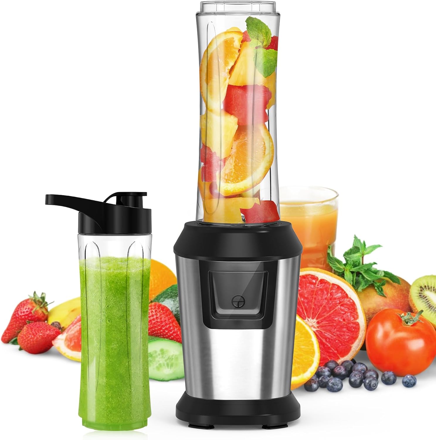 Mixer, Smoothie Maker, 500 W Stand Mixer to Go with 2 x 600 ml Smoothie Bottles, BPA-Free Tritan, Portable Blender Smoothie Maker Made of Stainless Steel, 4 Sheets for Shake, Smoothie and Baby Food, Silver