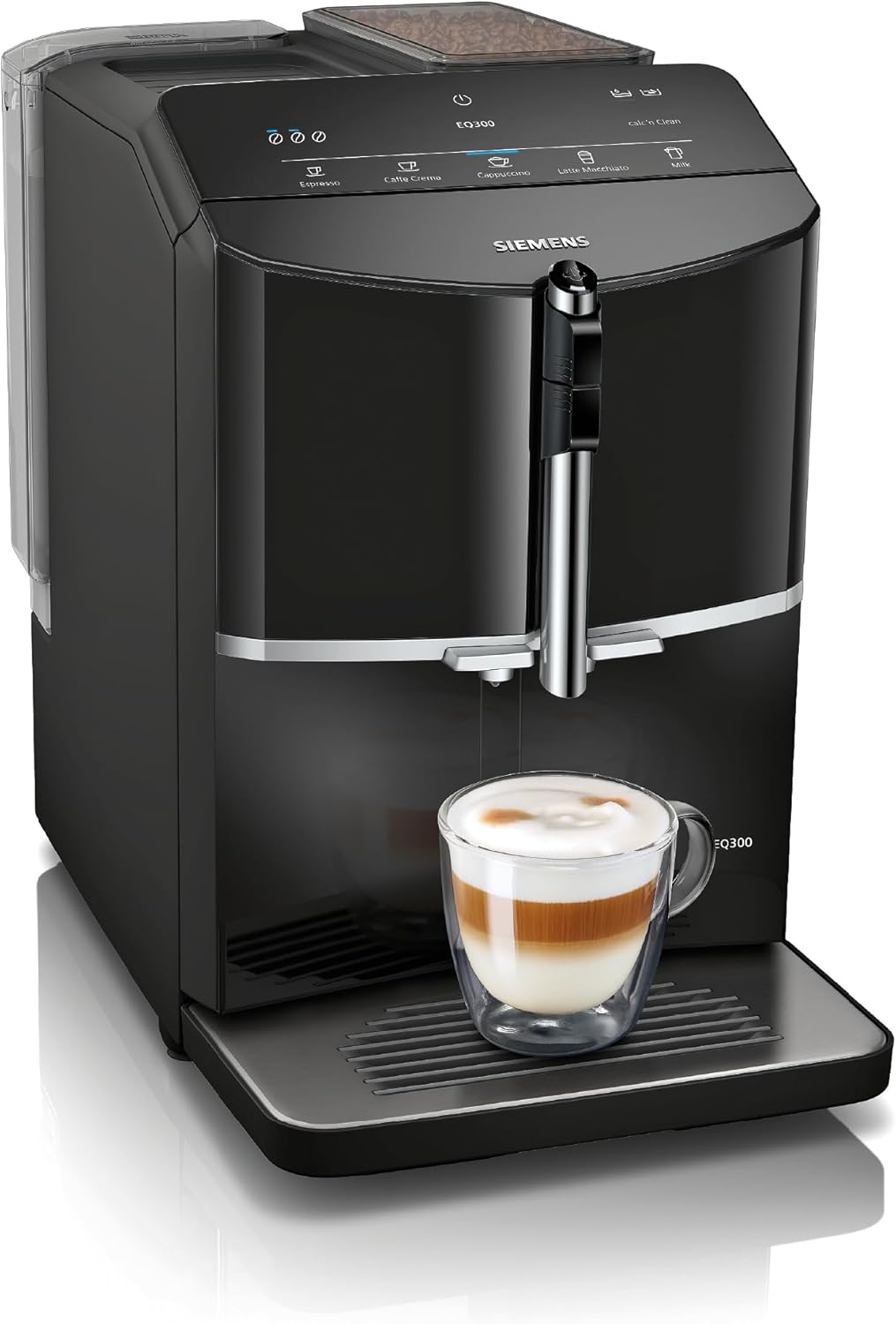 Siemens EQ300 Fully Automatic Coffee Machine Milk Frothing Nozzle for Cappuccino, Latte Crema, 5 Coffee and Milk Drinks at the Touch of a Button, Removable Brewing Unit, Easy and Quick Cleaning, Black