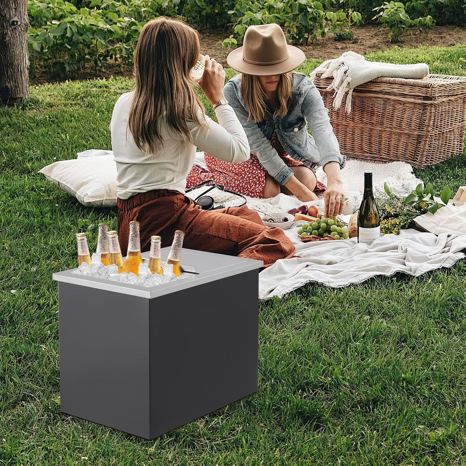 Garvee Large Stainless Steel Built-in Ice Box for Outdoor Kitchen – 68.6x45.7x53.3cm, Insulated & Quiet, with Sliding Lid, Drain Pipe & Plug – Ideal for BBQ Island, Bar – Black & Silver, 27x18x21 inches