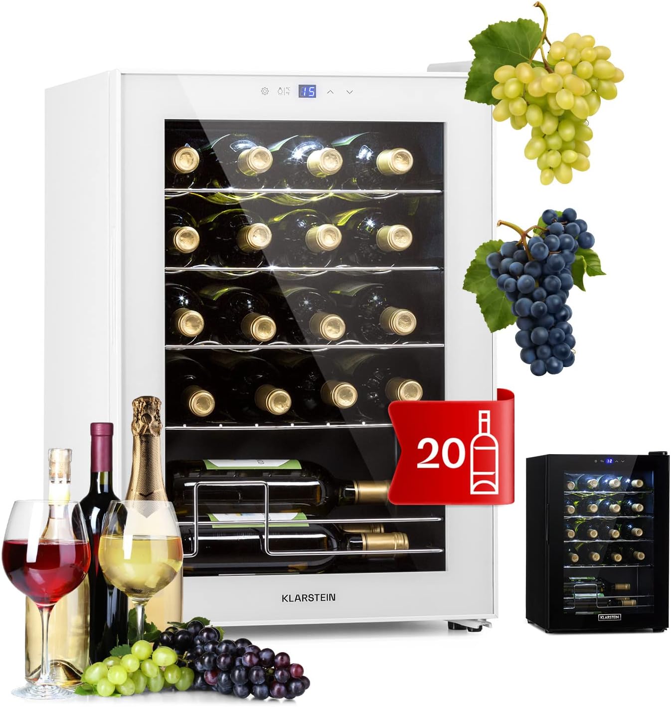 Klarstein Wine Fridge, 1 Zone Drinks Refrigerator, Small, Freestanding Small Wine Cabinet, 53 L Wine Fridge with Glass Door, Indoor/Outdoor Bottle Fridge, Wine Fridge 20 Bottles