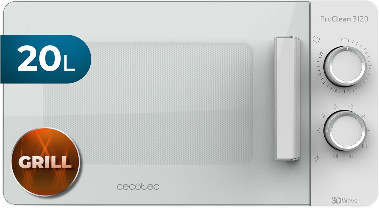Cecotec ProClean 3120 microwave oven, white, 20 L capacity, with grill and Ready2Clean coating for easier cleaning, 3DWave technology, all-white door design and metallic details, 6 power levels