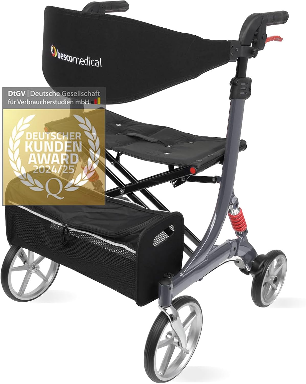 Besco Medical Spring XL Rollator - Heavy Load Capacity up to 240 kg, Lightweight Aluminum with Comfort Suspension - Wide Seat, Height Adjustable & Foldable - Includes Back Strap and Mesh Bag - Model
