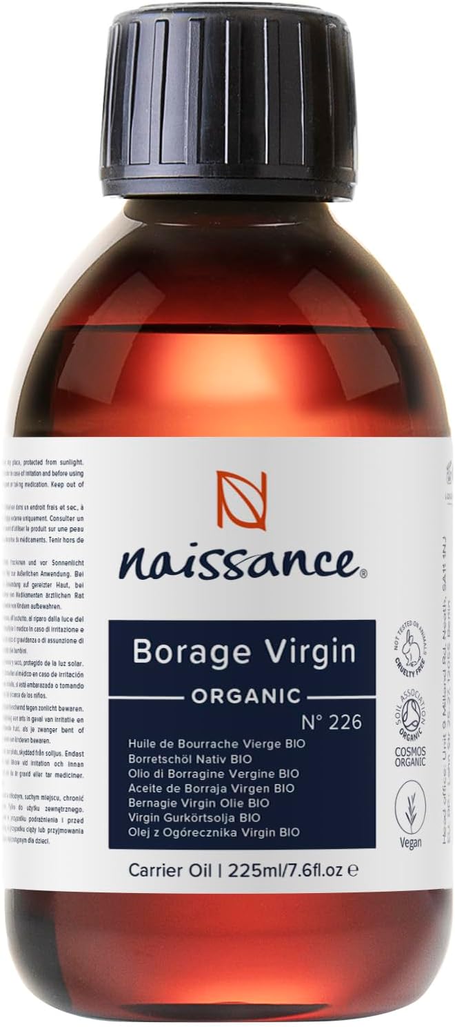 Naissance Organic Borage Oil (No. 226) - 225 ml - Natural Pure, Cold-Pressed Borage Oil for Skin, Hair, Body, Face