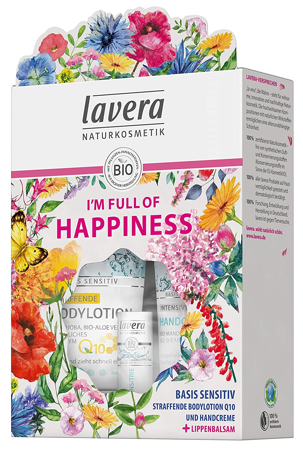 Lavera Gift Set I Am Full Of Happiness ∙ 1x Firming Body Lotion Q10 200 ml & 1x Base Sensitive Hand Cream 75 ml + Free Base Sensitive Lip Balm ∙ Organic Natural Cosmetics ∙ Pack of 1