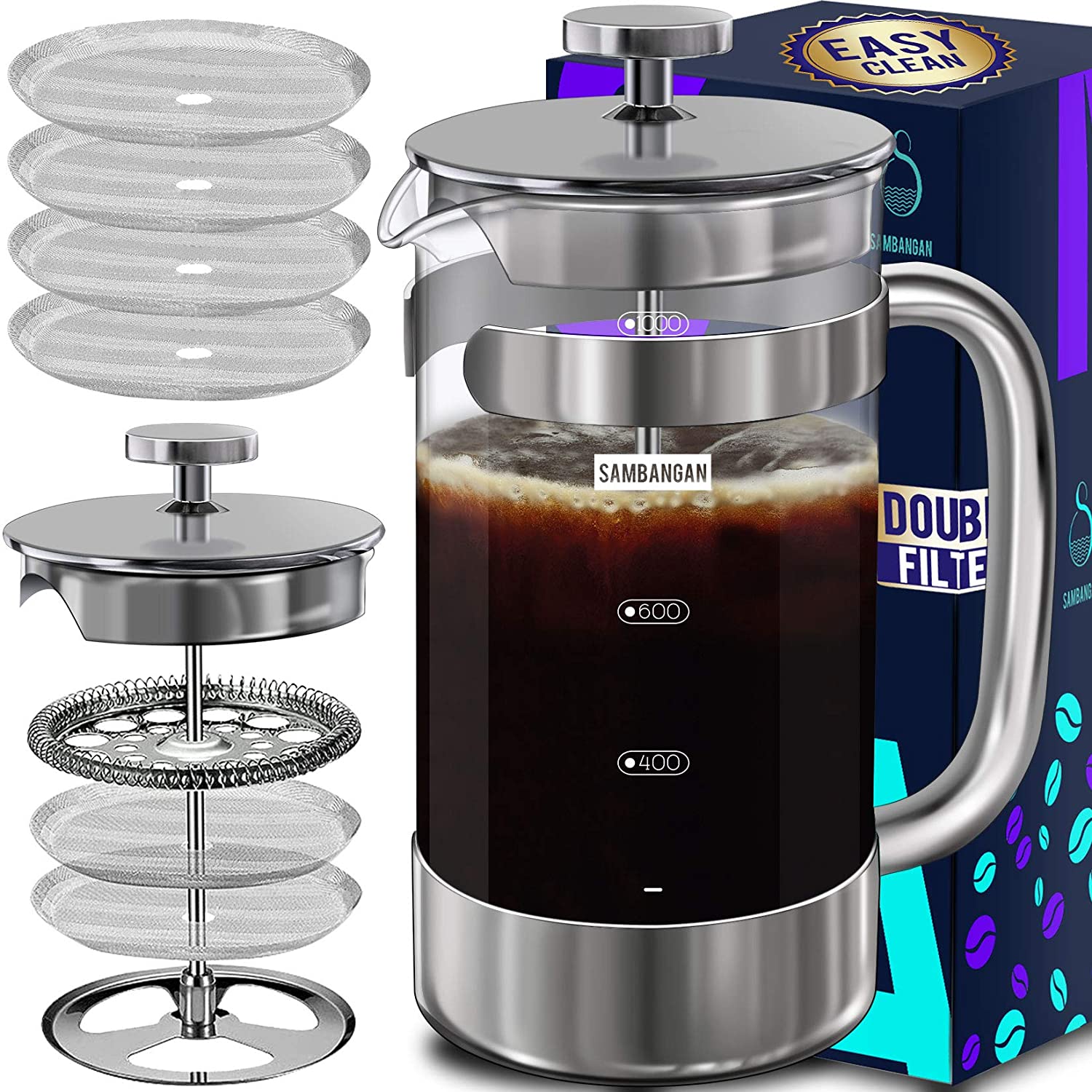 SAMBANGAN French Press Coffee Maker Stainless Steel Coffee Press Coffee Maker 1000 ml