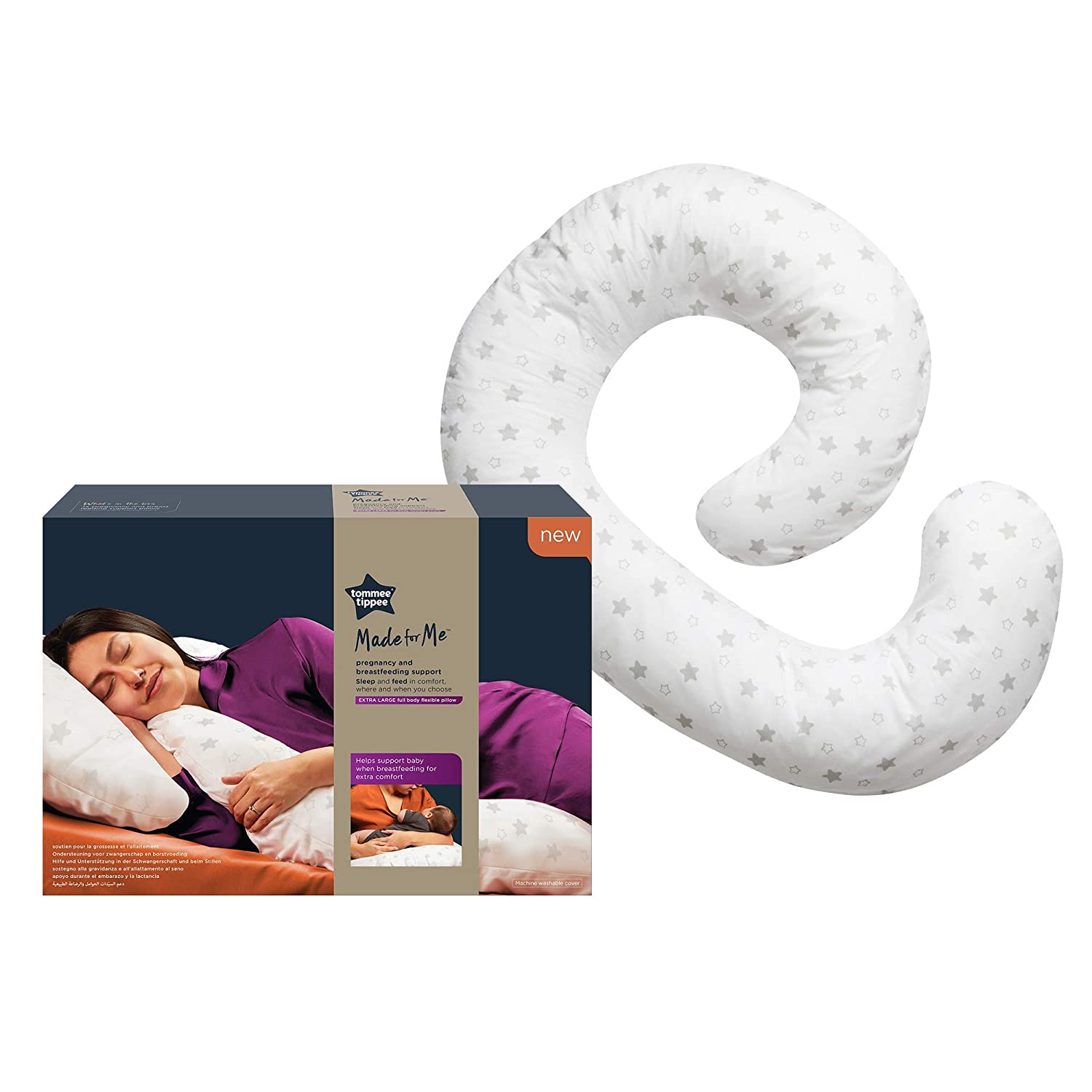 Tommee Tippee Made for Me Baby Belly and Nursing Pillow Pregnancy Pillow 100% Cotton Grey and White