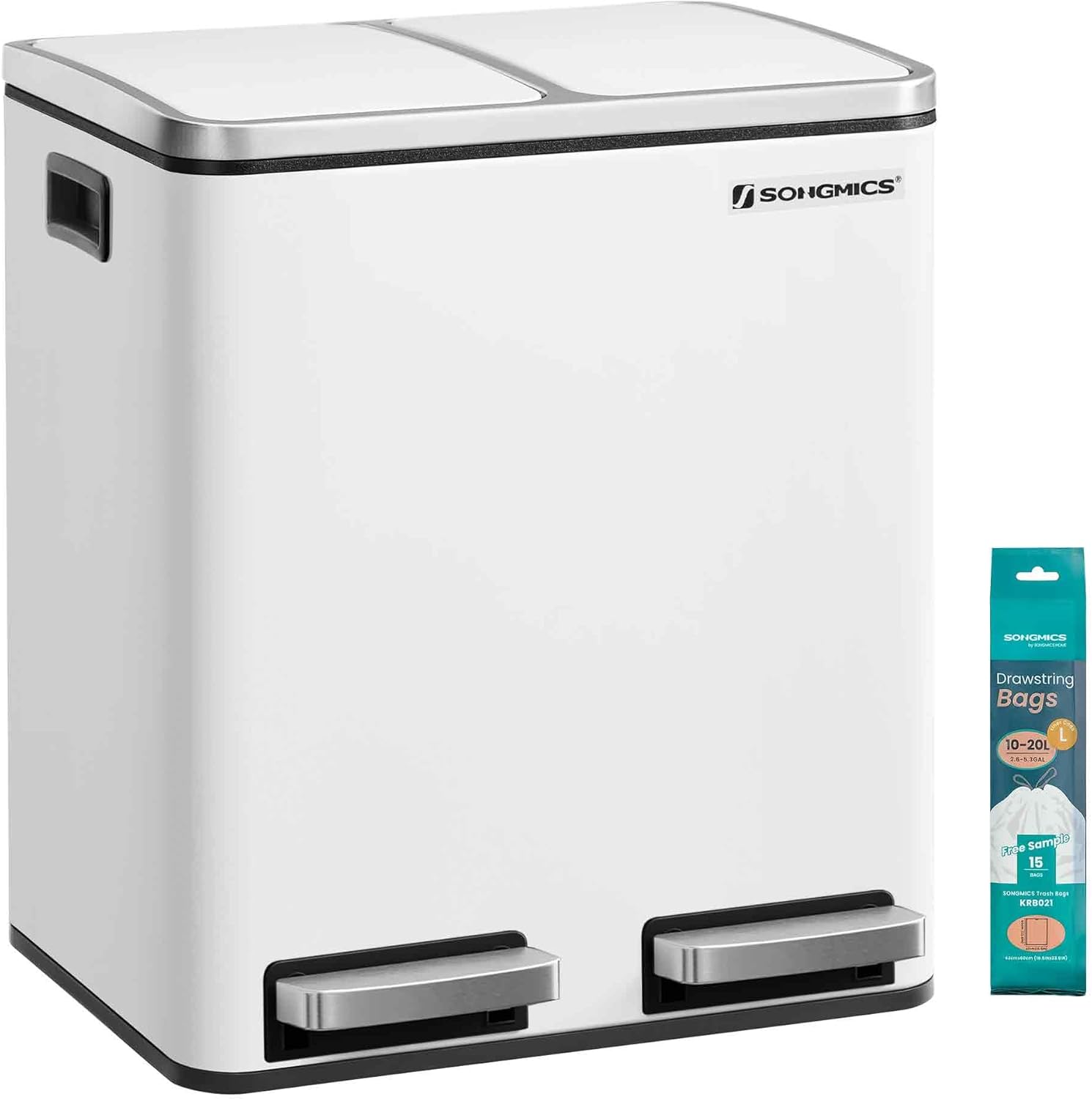 Songmics 30L Kitchen Rubbish Bin, Metal Pedal Bin with Inner Bin and Handle, Waste Separation System, 2 x 15-Litre, Soft Close, Airtight