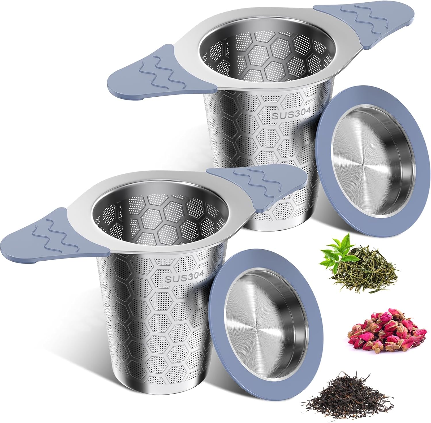 Pack of 2 tea strainers for loose tea with lid, wide handle with heat-resistant silicone, 304 stainless steel tea strainer for teapots/cups