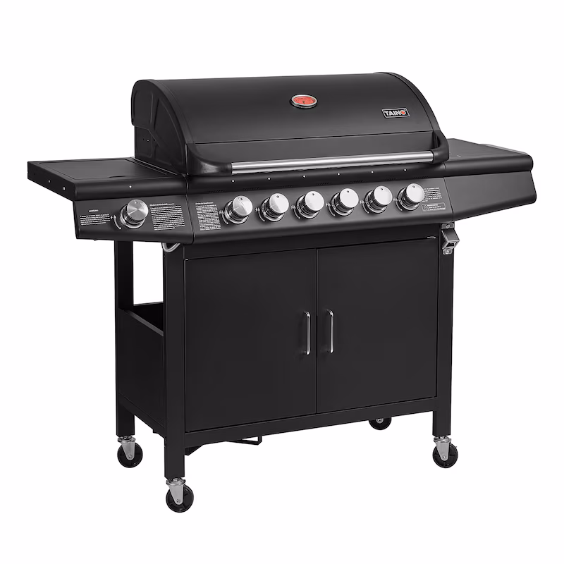 TAINO RED 6+1 Gas Grill BBQ Cart Stainless Steel Burners + Side Burner Black