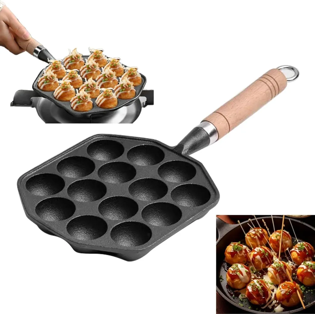 Fokelyi Takoyaki pan, toaster pan, 14 indentations, 3.6 cm indentations, takoyaki grill pan, taiyaki pan, aebleskiver cast iron pan, poffertjes pan, with removable handle