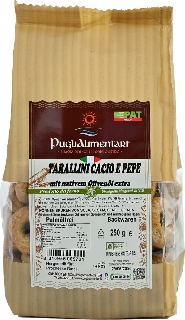 Tarallini Traditional Cacio e Pepe, Taralli with cheese and pepper, Puglialimentari, 250 g