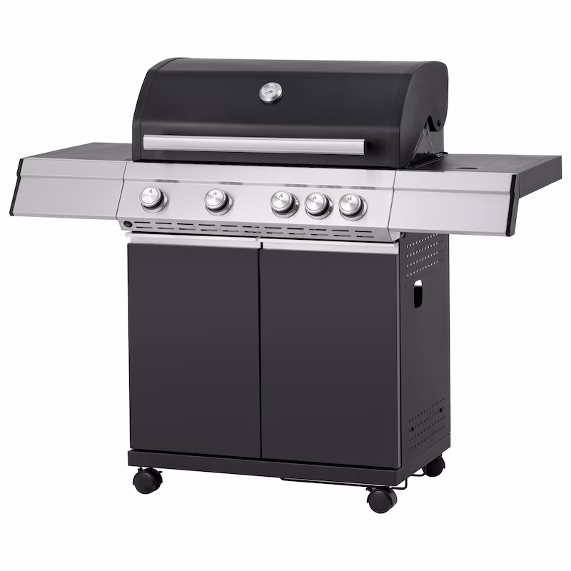 Tarrington House Paxton 4-burner gas grill with side burner, 41 x 71 cm grilling area, side table, mobile, steel, matte black