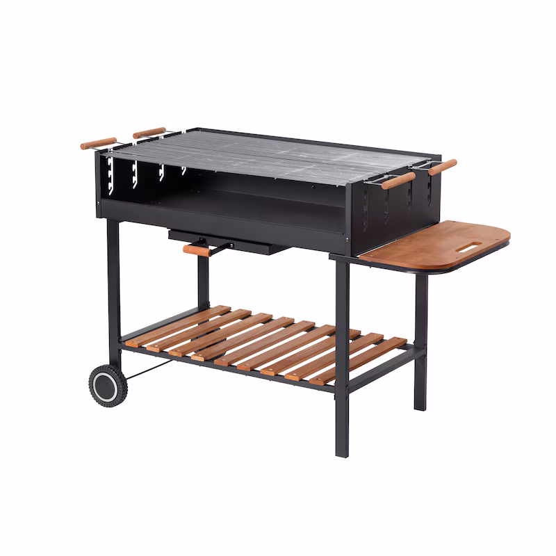 Tarrington House Bratislava charcoal grill, 60 x 100 cm, side shelf, height-adjustable grates, mobile, steel/pine wood, black