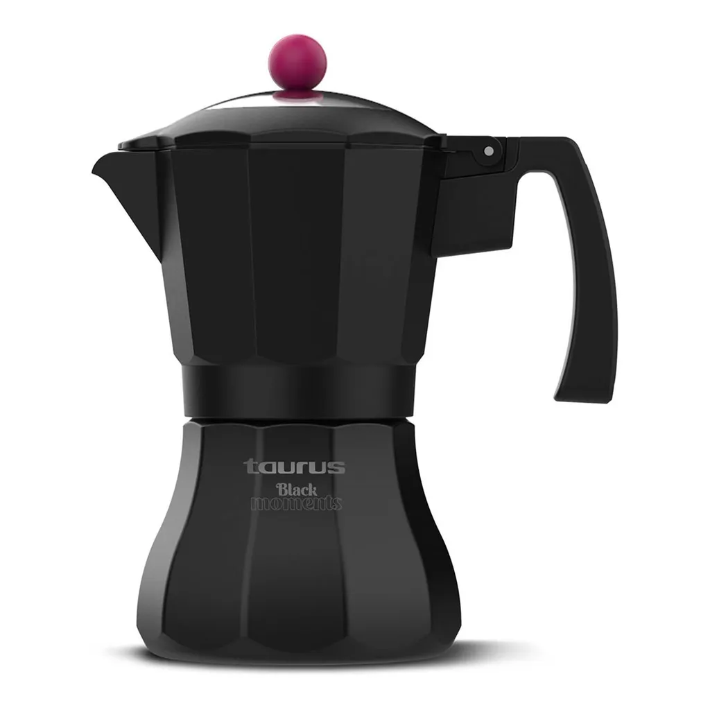 Taurus Black Moments 6 - Italian coffee maker, 6 cups, stainless steel base and filter, safety valve, silicone safety lid, for all burners, transparent lid, black