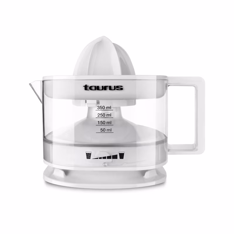 Taurus TC-350 25W electric juicer with 0.35L container and adjustable pulp filter.