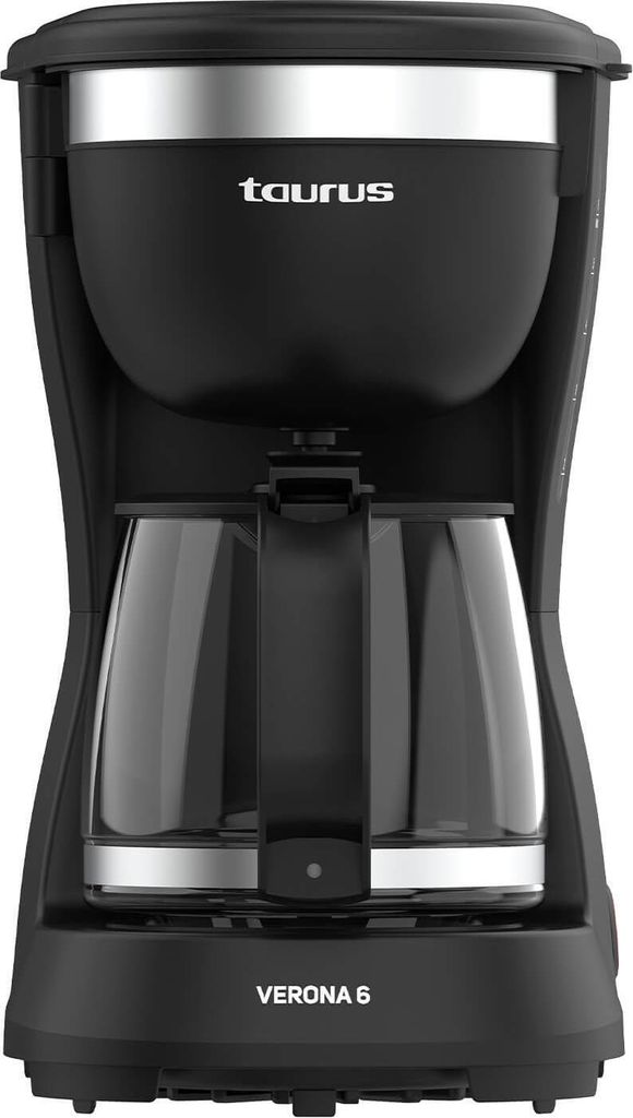 Taurus Verona 6 drip coffee maker, 600W, 600 ml, Intense Flavour Tech, warming plate, washable permanent filter, drip-proof glass carafe, compact matte black design, BPA-free