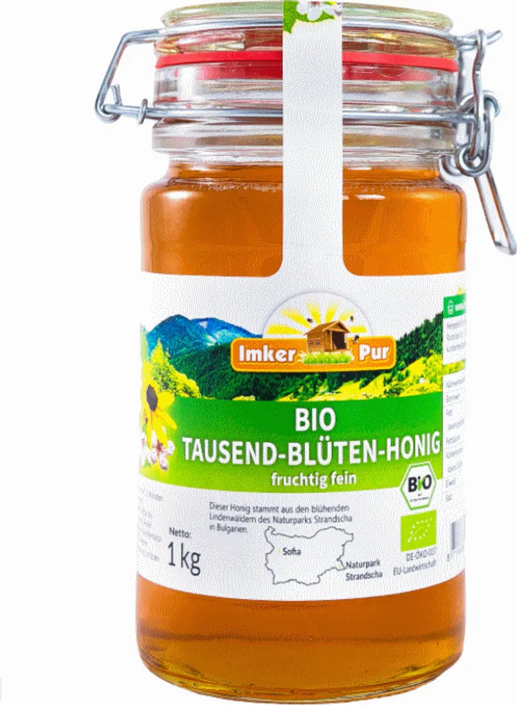 Thousand-flower honey from ImkerPur, in a storage jar, 1 kg 1000g