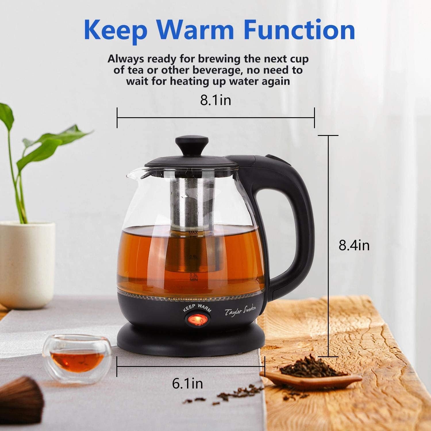 Taylor Swoden Abel Glass Kettle with LED Light, 1 Litre, 2200 W, Removable Filter