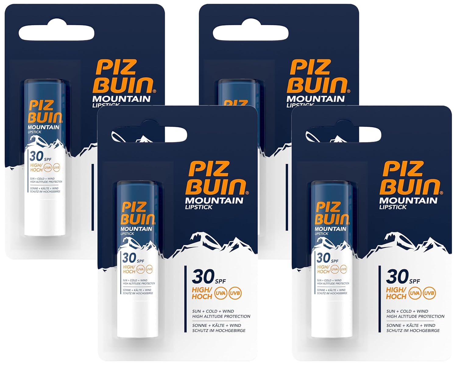 PIZ BUIN Mountain Lip Balm SPF 30, Moisturizing Lip Balm for Winter Athletes, Effective Wind and Sun Protection for Lips, 4.9 g (Pack of 4)