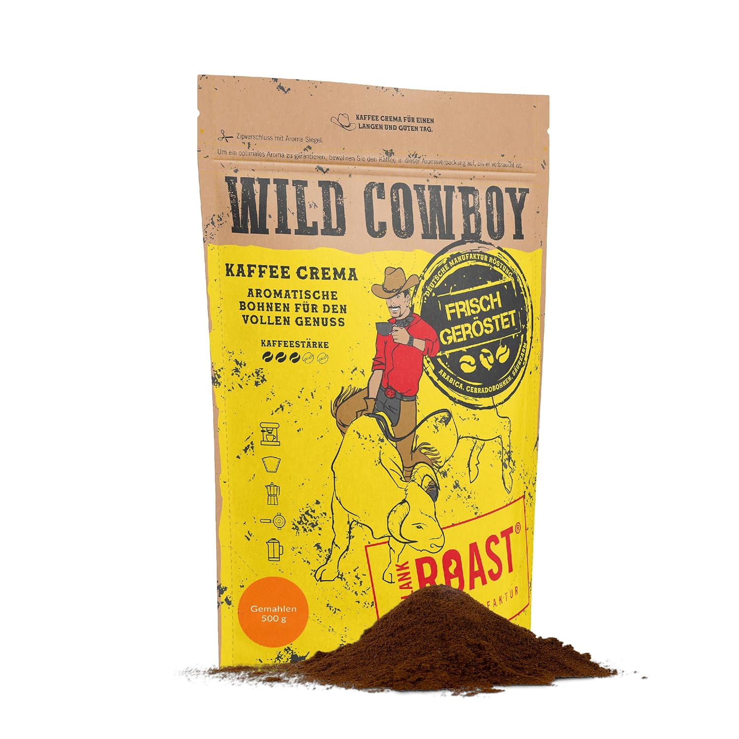Blank Roast - Wild Cowboy Coffee - Ground for Filter - 500g - Roasted with Hickory Wood - Ground Coffee Beans from Brazil and Uganda - 100% Arabica Blend with Chocolate Nuances - Low Acid