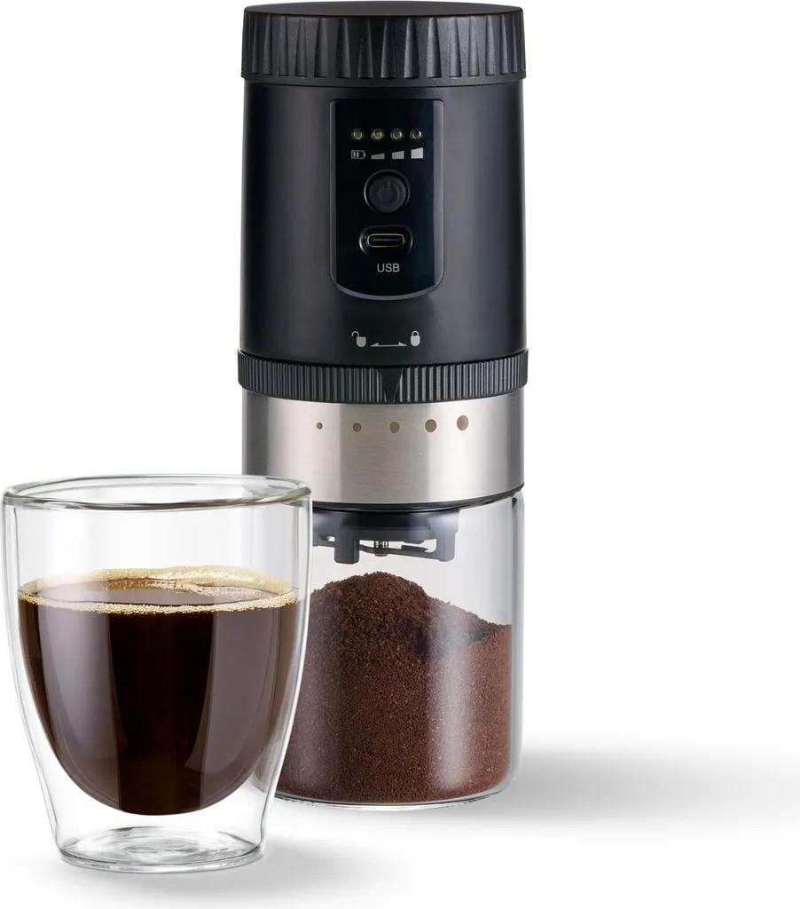 Tchibo battery-operated coffee grinder, glass collection container, stainless steel grind setting ring, 5 grind settings, black/silver
