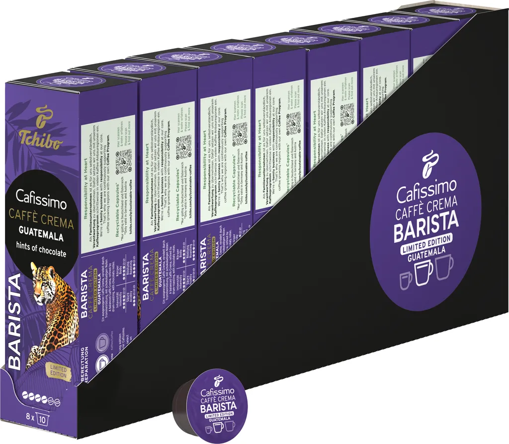 Tchibo Cafissimo Caffè Crema Barista Guatemala Coffee Capsules, 80 pieces – 8 x 10 capsules (Caffè Crema, with a hint of chocolate), sustainably & fairly traded, Limited Edition 640g