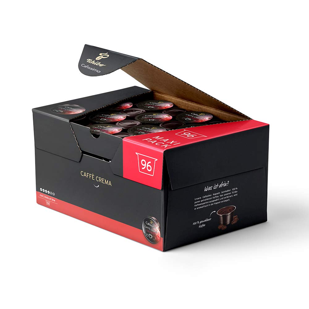Tchibo Cafissimo Vorratsbox Caffè Crema Colombia Kaffeekapseln, 96 Stück (Kaffee, ausdrucksstark mit Hauch von Limette), nachhaltig & fair gehandelt