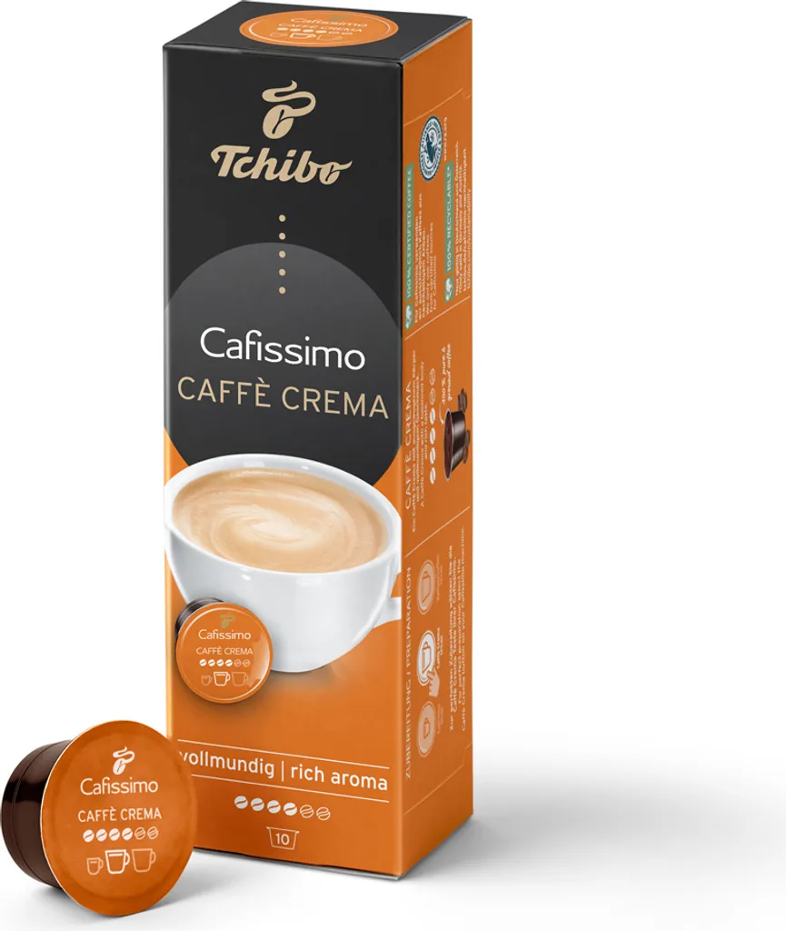 Tchibo Cafissimo Caffè Crema full-bodied coffee capsules, 10 pieces (coffee, balanced and full-bodied), sustainably & fairly traded 76g